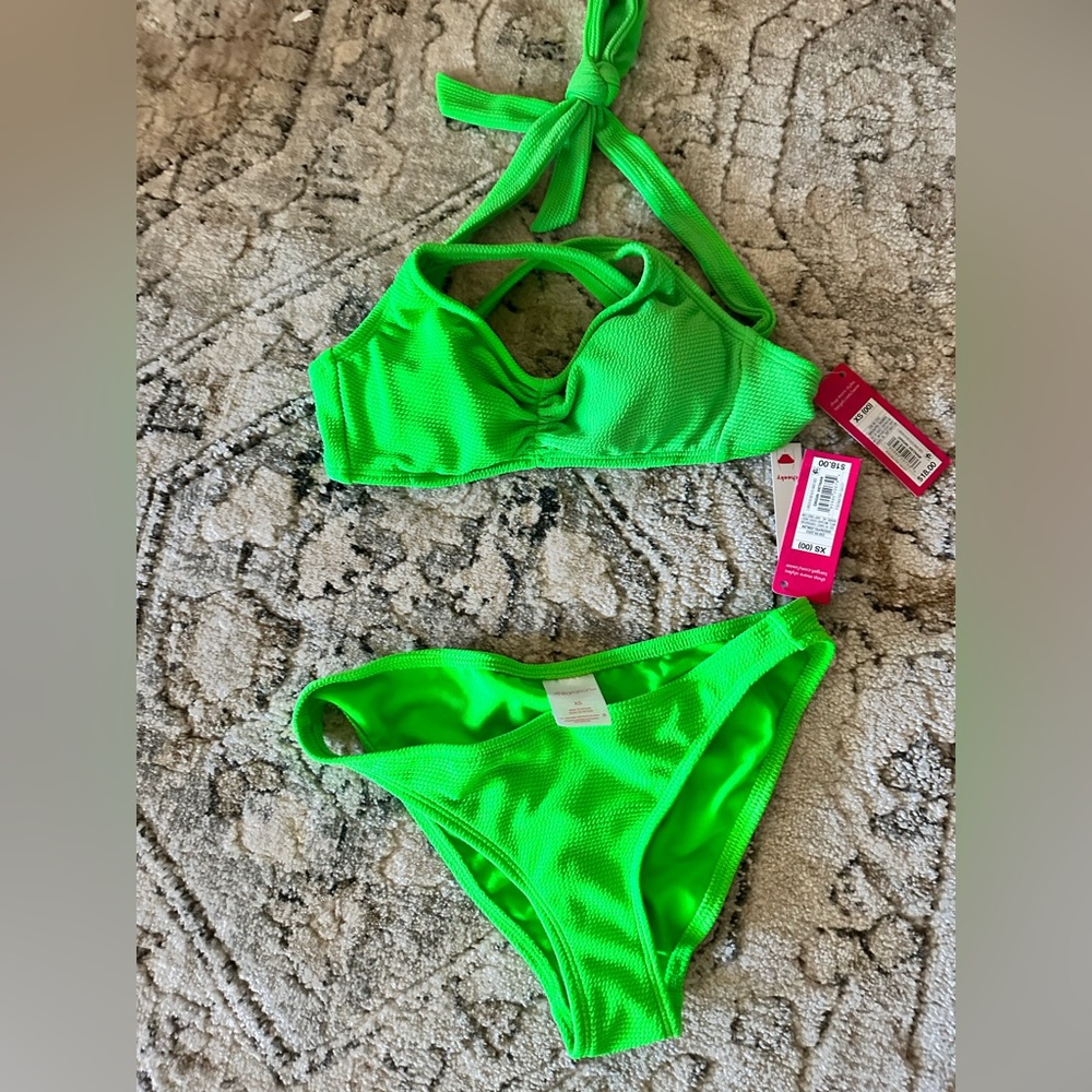 Xhilaration cheeky two-piece neon green swim suit.